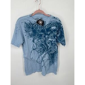Affliction Eleven T-Shirt Men's XL Light Pastel Blue Skull Octopus Graphic NWT